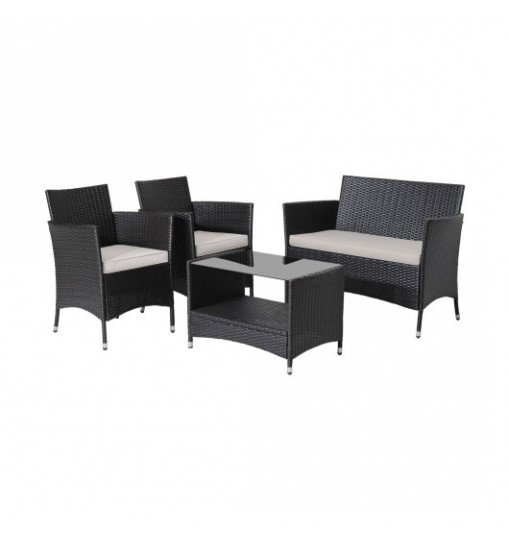 4 Pieces Patio Conversation Set with Soft Cushions and Tempered Glass Tabletop