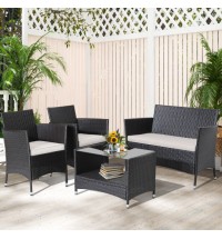 4 Pieces Patio Conversation Set with Soft Cushions and Tempered Glass Tabletop