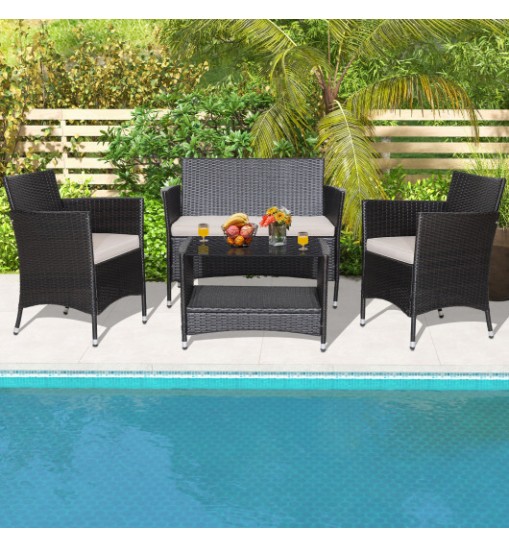 4 Pieces Patio Conversation Set with Soft Cushions and Tempered Glass Tabletop