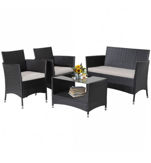 4 Pieces Patio Conversation Set with Soft Cushions and Tempered Glass Tabletop