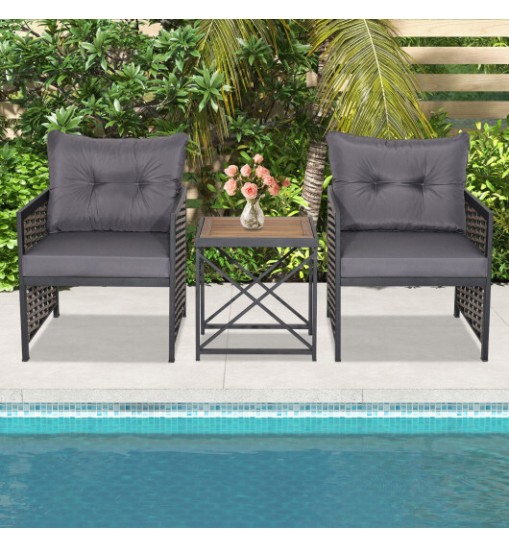 3 Piece Patio Rattan Furniture Set with Acacia Wood Tabletop