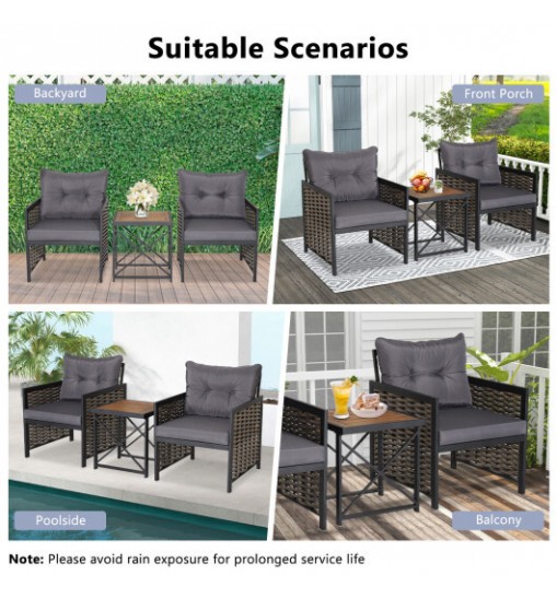 3 Piece Patio Rattan Furniture Set with Acacia Wood Tabletop