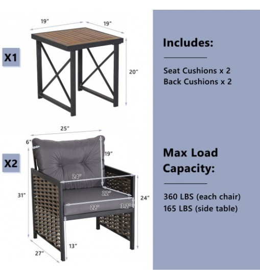 3 Piece Patio Rattan Furniture Set with Acacia Wood Tabletop