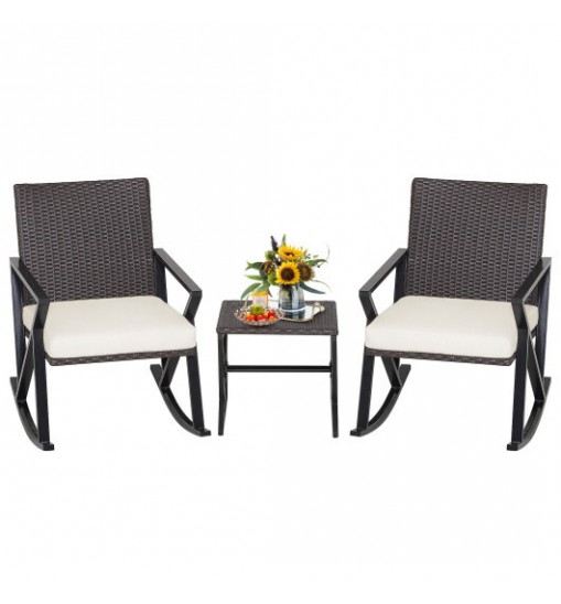 3 Piece Patio Wicker Rocking Chairs Set with Heavy-Duty Metal Frame