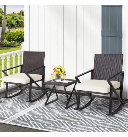 3 Piece Patio Wicker Rocking Chairs Set with Heavy-Duty Metal Frame