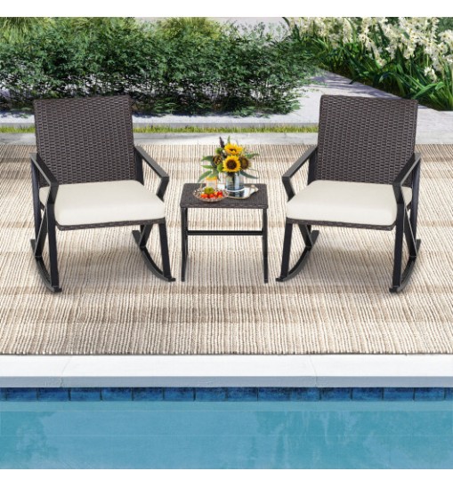 3 Piece Patio Wicker Rocking Chairs Set with Heavy-Duty Metal Frame