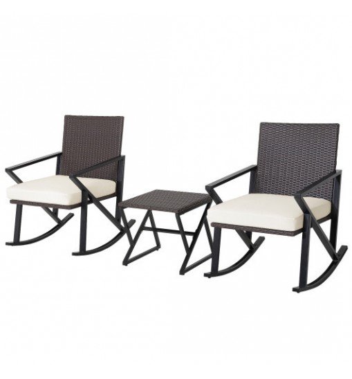 3 Piece Patio Wicker Rocking Chairs Set with Heavy-Duty Metal Frame