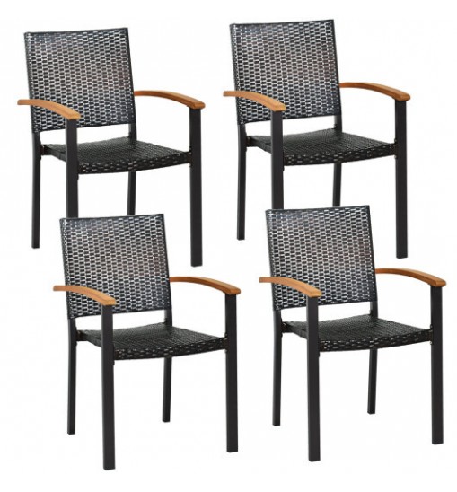 Set of 4 Outdoor Patio PE Rattan Dining Chairs with Powder-coated Steel Frame