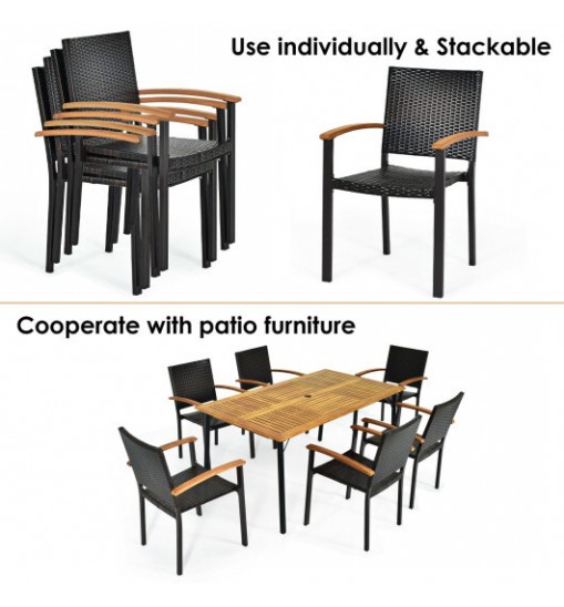 Set of 4 Outdoor Patio PE Rattan Dining Chairs with Powder-coated Steel Frame