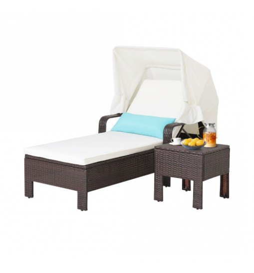 Outdoor Chaise Lounge Chair and Table Set with Folding Canopy and Armrests