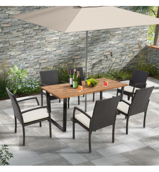 7 Pieces Patio Rattan Dining Set with Umbrella Hole-L-shaped Handrail