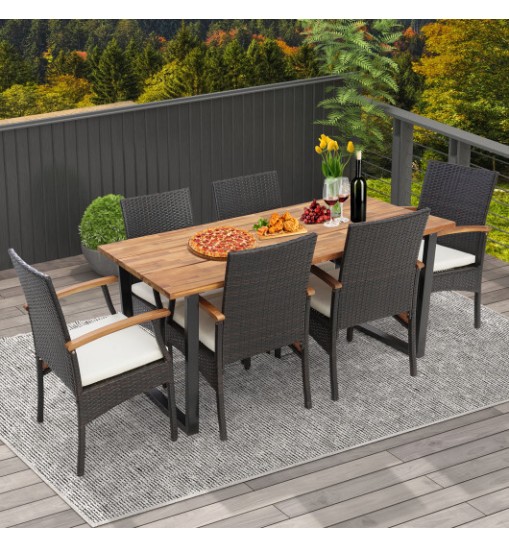 7 Pieces Patio Rattan Dining Set with Umbrella Hole-L-shaped Handrail