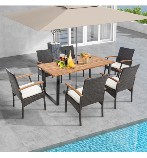 7 Pieces Patio Rattan Dining Set with Umbrella Hole-L-shaped Handrail