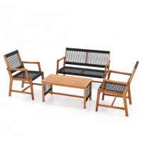 4 Pieces Acacia Wood Patio Conversation Table and Chair Set with Hand Woven Rope