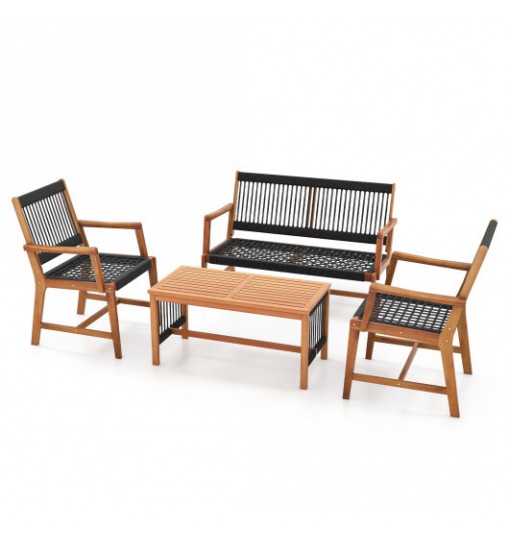 4 Pieces Acacia Wood Patio Conversation Table and Chair Set with Hand Woven Rope