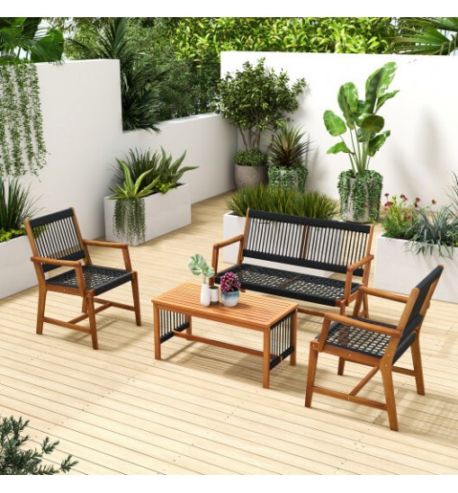 4 Pieces Acacia Wood Patio Conversation Table and Chair Set with Hand Woven Rope