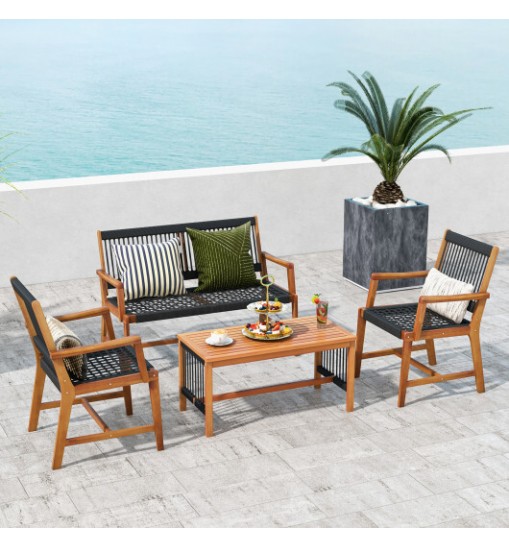 4 Pieces Acacia Wood Patio Conversation Table and Chair Set with Hand Woven Rope