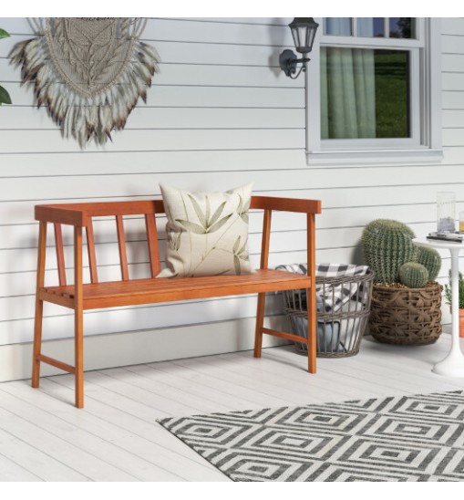 Outdoor Acacia Wood Bench with Backrest and Armrests