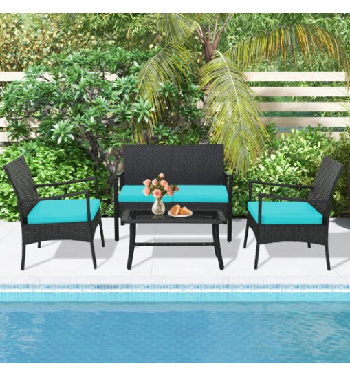 4 Pieces Rattan Conversation Set with Tempered Glass Coffee Table-Turquoise