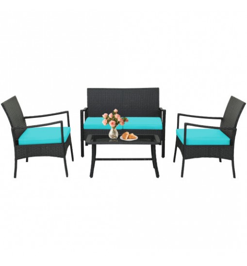 4 Pieces Rattan Conversation Set with Tempered Glass Coffee Table-Turquoise