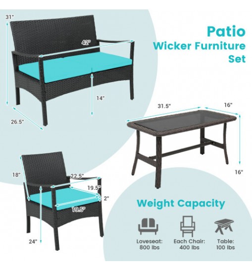 4 Pieces Rattan Conversation Set with Tempered Glass Coffee Table-Turquoise