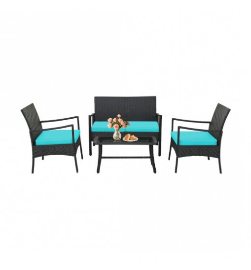 4 Pieces Rattan Conversation Set with Tempered Glass Coffee Table-Turquoise