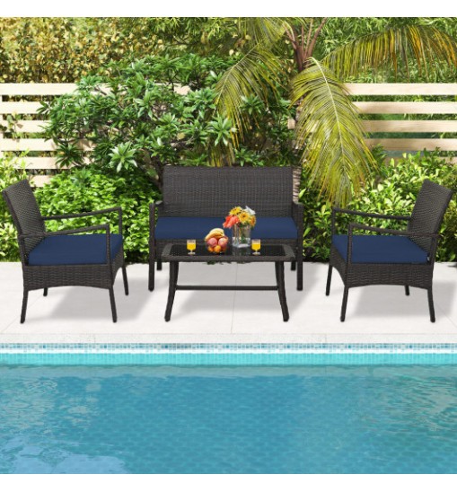 4 Pieces Rattan Conversation Set with Tempered Glass Coffee Table-Turquoise