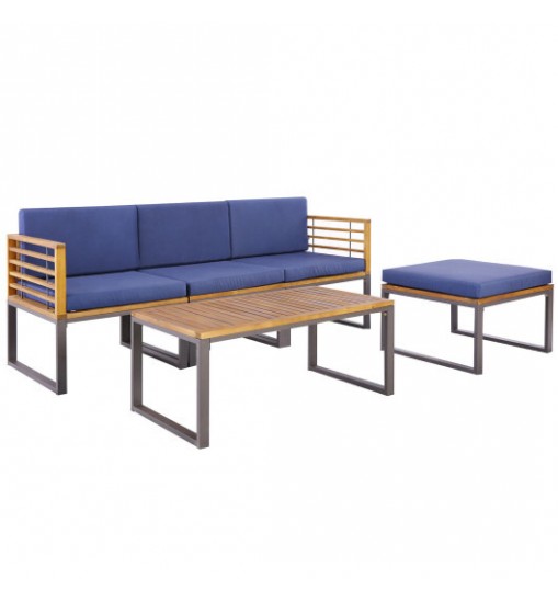 5-Piece Patio Acacia Wood Chair Set with Ottoman and Coffee Table-Navy