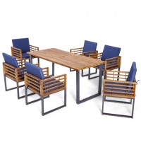 7 Pieces Patio Acacia Wood Dining Chair and Table Set for Backyard and Poolside-Navy