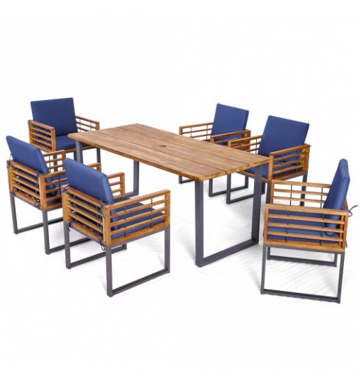 7 Pieces Patio Acacia Wood Dining Chair and Table Set for Backyard and Poolside-Navy