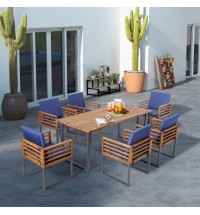 7 Pieces Patio Acacia Wood Dining Chair and Table Set for Backyard and Poolside-Navy