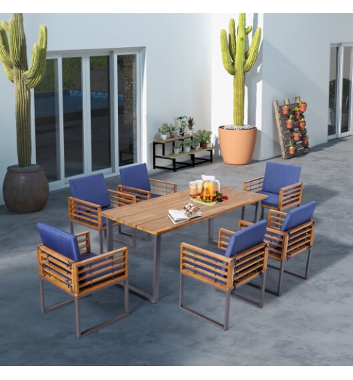 7 Pieces Patio Acacia Wood Dining Chair and Table Set for Backyard and Poolside-Navy