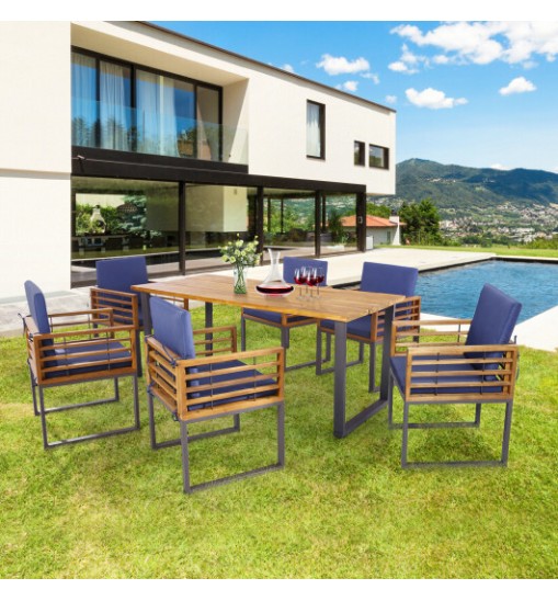 7 Pieces Patio Acacia Wood Dining Chair and Table Set for Backyard and Poolside-Navy