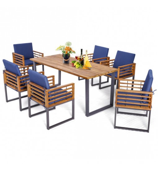 7 Pieces Patio Acacia Wood Dining Chair and Table Set for Backyard and Poolside-Navy