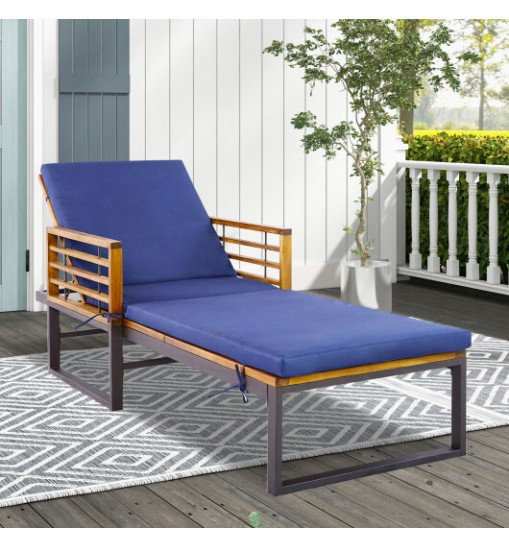 Adjustable Cushioned Patio Chaise Lounge Chair with 4-Level Backrest-Navy