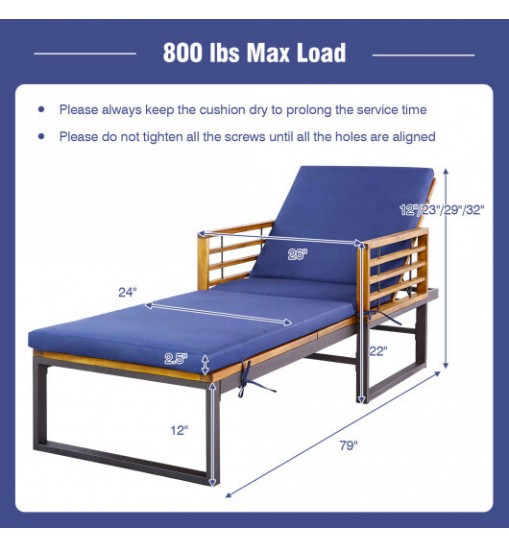 Adjustable Cushioned Patio Chaise Lounge Chair with 4-Level Backrest-Navy