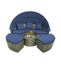 Outdoor PE Wicker Round Daybed with Retractable Canopy and Cushions-Navy