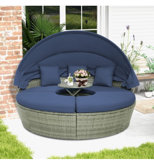 Outdoor PE Wicker Round Daybed with Retractable Canopy and Cushions-Navy