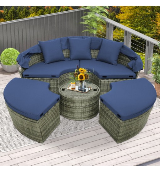 Outdoor PE Wicker Round Daybed with Retractable Canopy and Cushions-Navy