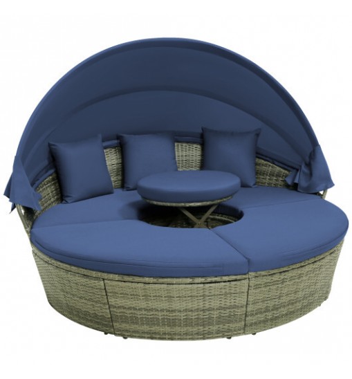 Outdoor PE Wicker Round Daybed with Retractable Canopy and Cushions-Navy