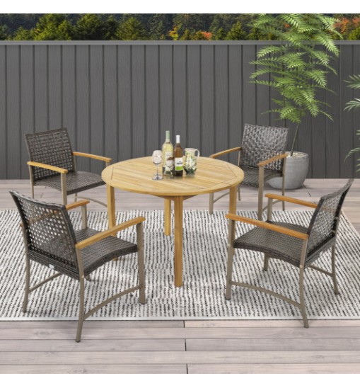 Set of 4 Patio Rattan Dining Chairs with Acacia Wood Armrests-Set of 4