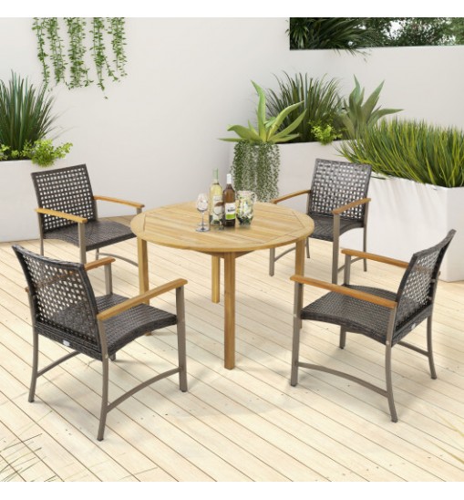 Set of 4 Patio Rattan Dining Chairs with Acacia Wood Armrests-Set of 4