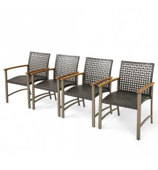 Set of 4 Patio Rattan Dining Chairs with Acacia Wood Armrests-Set of 4