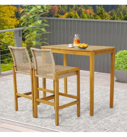 Set of 2 Rattan Patio Wood Barstools Dining Chairs with Backrest-Set of 2