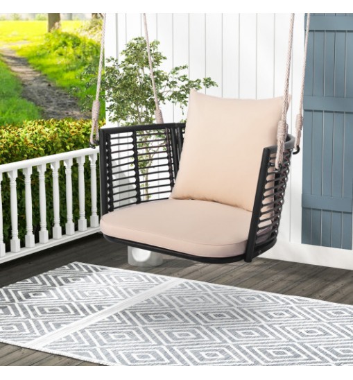 Single Person Hanging Seat with Woven Rattan Backrest for Backyard