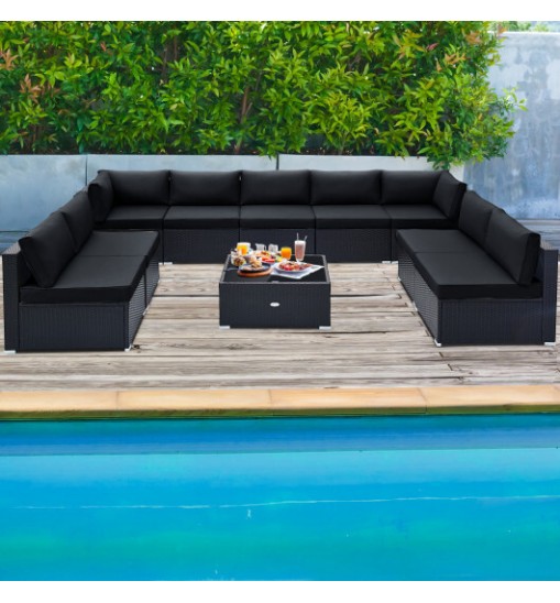 10 Piece Outdoor Wicker Conversation Set with Seat and Back Cushions-Black