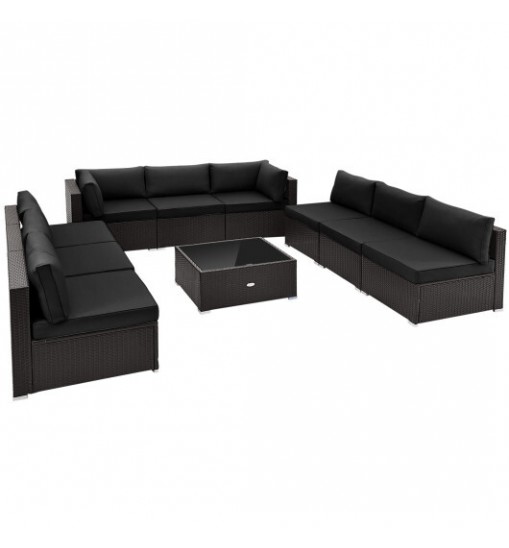 10 Piece Outdoor Wicker Conversation Set with Seat and Back Cushions-Black