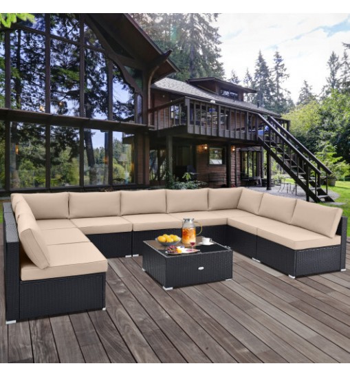 10 Piece Outdoor Wicker Conversation Set with Seat and Back Cushions-Black