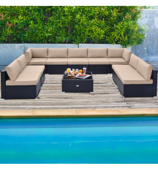 10 Piece Outdoor Wicker Conversation Set with Seat and Back Cushions-Black