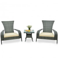 3-Piece Wicker Adirondack Set with Comfy Seat Cushions-Gray